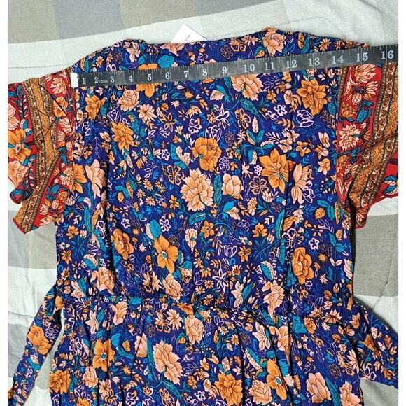 Womens Bohemia Side Split V Neck Ruffles Short Sleeves Maxi Dress with Belt Sz M - Picture 6 of 16